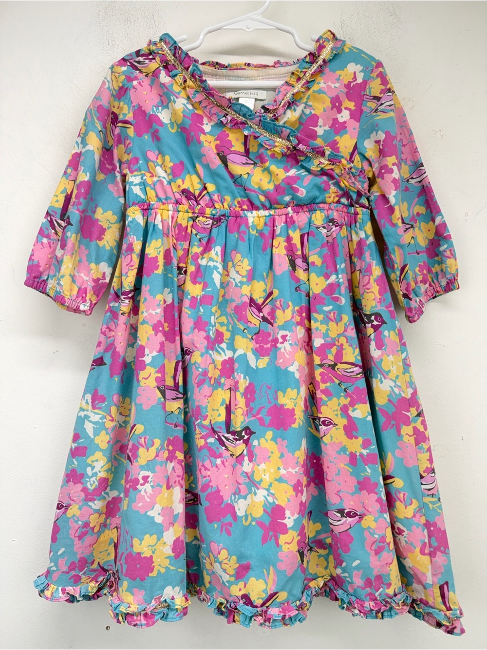 Garnet Hill size 5 Girls Pink Yellow Blue Bird Floral Print Long Sleeve Dress
